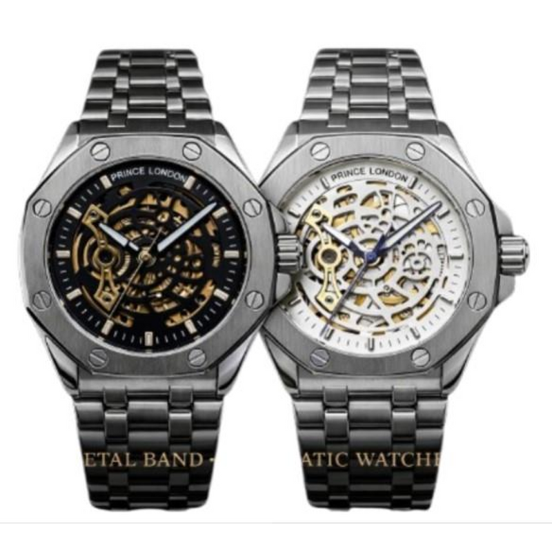 Mens Automatic Metal Hollow mechanical Dial Analogue Metal Bracelet Watch NY London