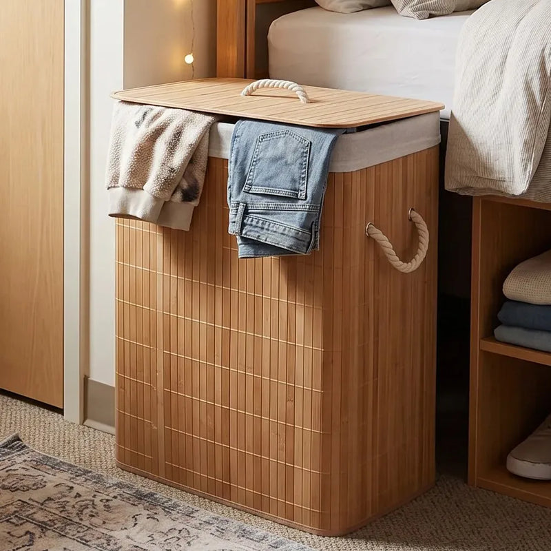 Bamboo Laundry Basket Folding Bin Bag Hamper With Lid Washing Clothes Storage