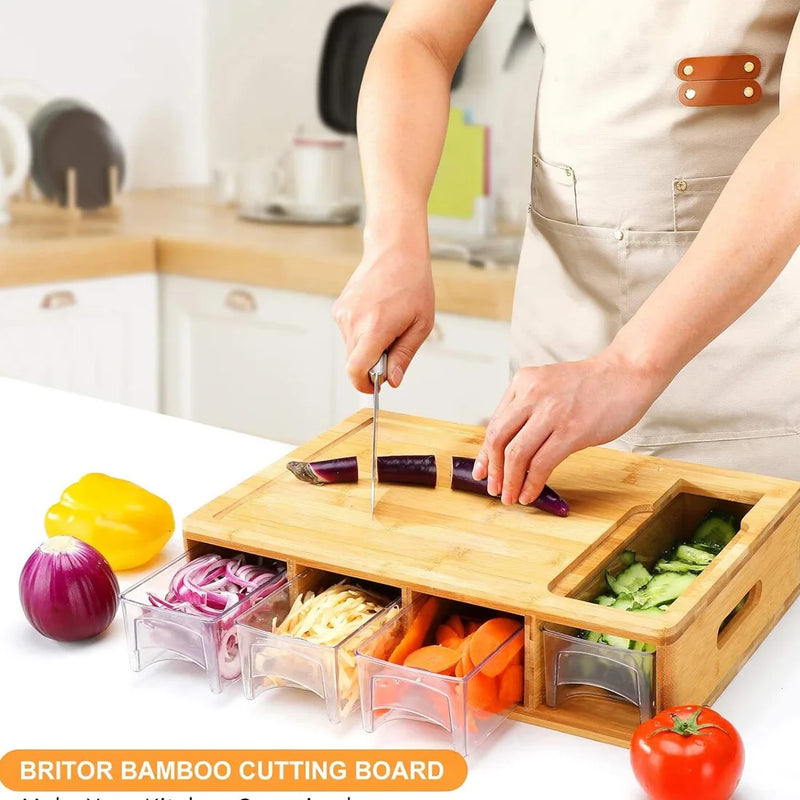 Chopping Board with Containers, Large Bamboo Cutting Board with anti slip pads
