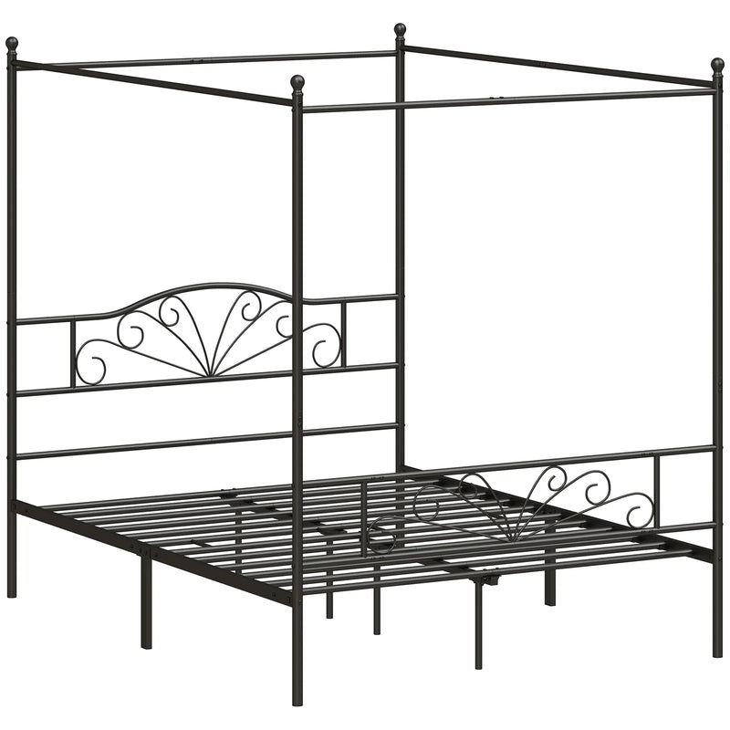 HOMCOM Canopy Bed Frame Double Size, Metal Platform Bed Frame with Headboard and Footboard, Underbed Storage, Black