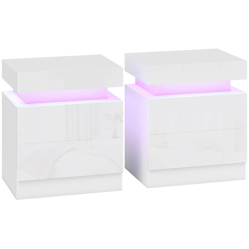 HOMCOM White Bedside Table with LED Light, High Gloss Front Nightstand with 2 Drawers, for Living Room, Bedroom, Set of 2