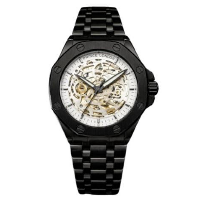 NYL Mens Automatic Metal Hollow Mechanical Dial Analogue Gun/White Metal Bracelet Watch NY London