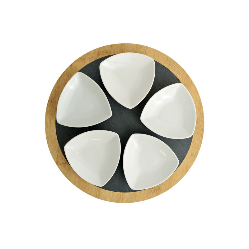 Set of 5 Ceramic Dishes with Round Slate Tray