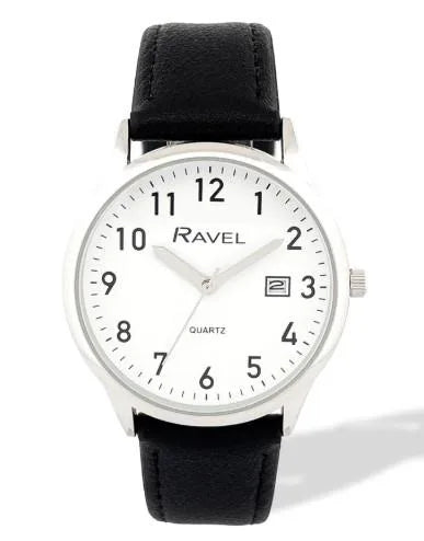 Ravel Mens Basic Silver case Dated White Dial With Black Faux Leather Strap Watch