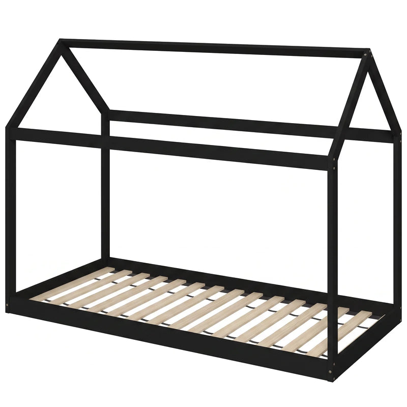 HOMCOM Single Bed Frame, House-Scandinavian-Style Wooden Bed Frame for 90W x 190D cm Mattress, Black