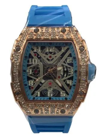 New Rubber Gents Rose Bling Fashion Quartz Movement Skeleton Clear Dial Blue Rubber Strap Watch