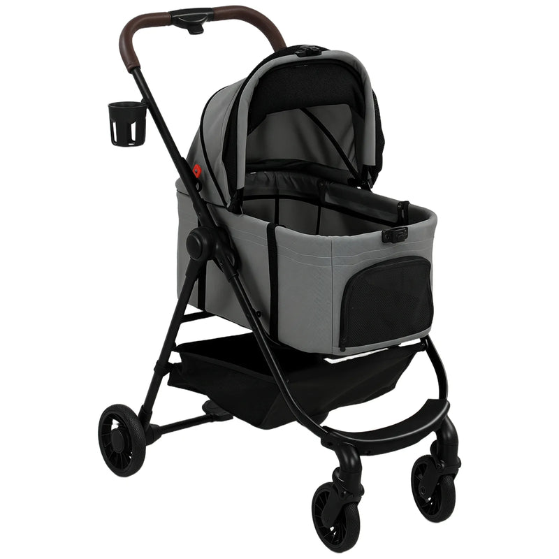PawHut Dog Stroller, 3 in 1 Foldable Pet Stroller for Small Puppy Cat with Detachable Travel Carrier, Storage Basket, Grey