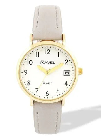 Ravel Ladies Basic Golden case Dated White Dial With Grey Faux Leather Strap Watch
