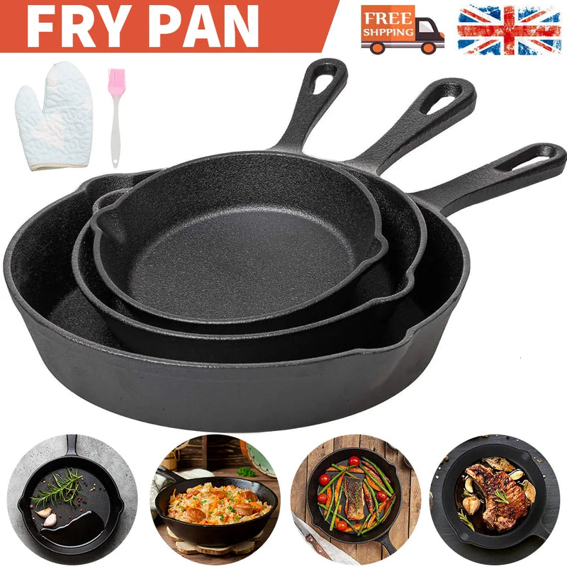 3x Cast Iron Non-Stick Skillet Griddle Frying Cooking Pan Fry Cooking Seasoned