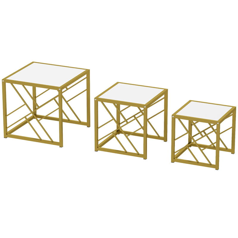 HOMCOM Nesting Coffee Tables, Set of 3 Square Side Tables with Gold Metal Frame, for Living Room, Bedroom and Office, White