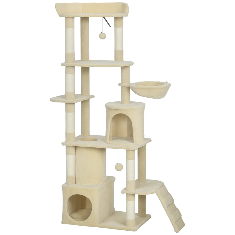PawHut 170 cm Large Cat Tree, Cat Tower with 7 Scratching Posts, Tunnel, 2 Condos, Hammock, Perch, Ramp, Pompoms, Beige