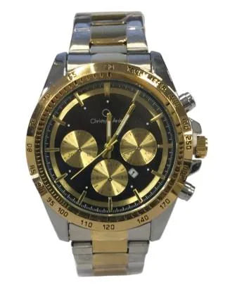 Christyan Arden Mens New FK Fashion Dated Multi Eye Black Dial Analogue 2 Tone Metal Bracelet Strap Watch