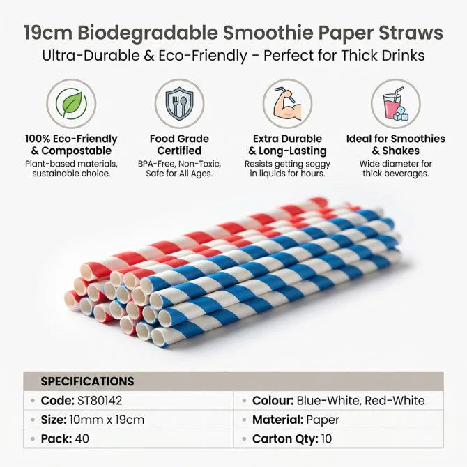 Biodegradable Smoothie Paper Straws, Pack Of 40