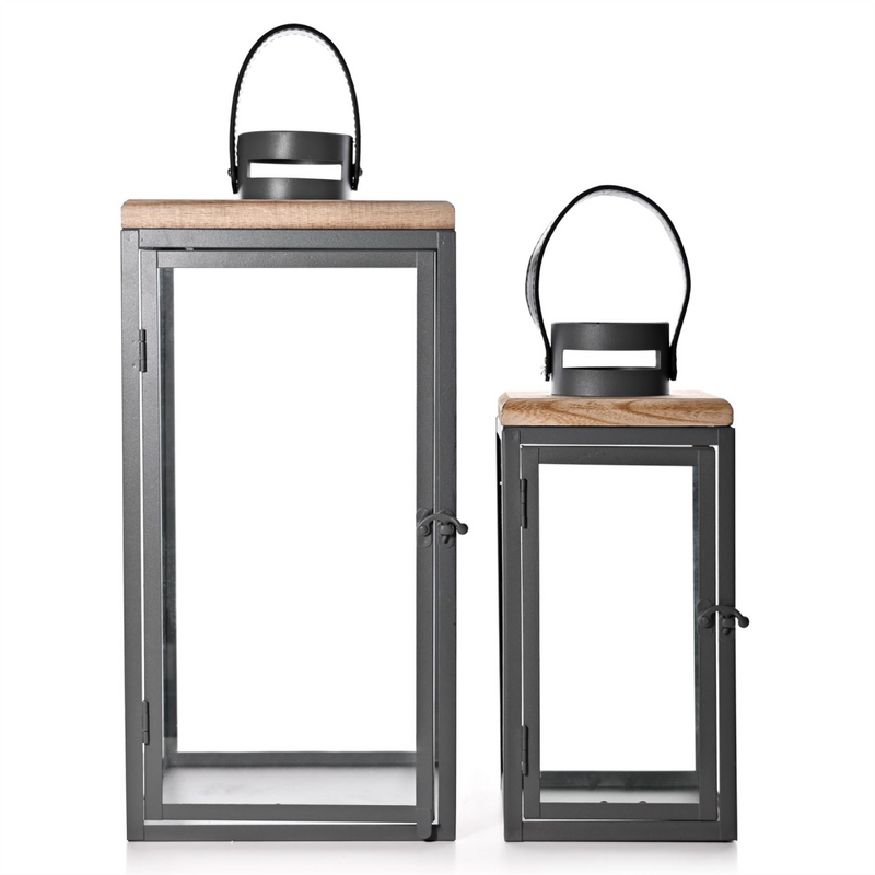 Set of 2 Grey Floor Lanterns 43cm & 30cm