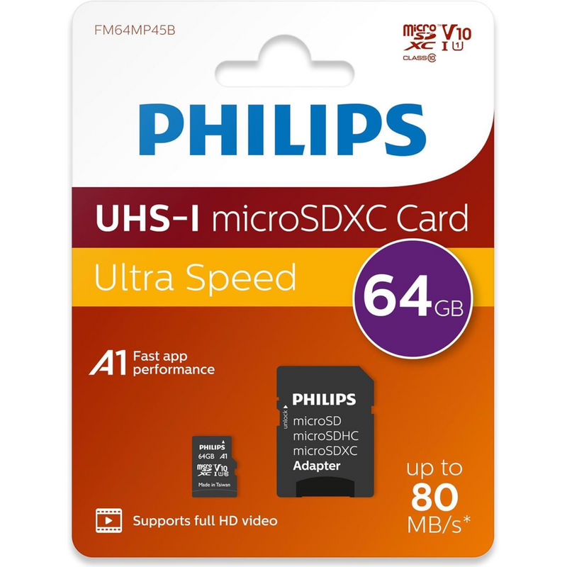 Philips - Micro SDHC 64 GB Class 10 Memory Card + Adapter