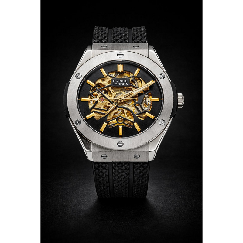 NYL Mens Fashion Automatic Rubber Mechanical Dial Analogue Silver Rubber Strap Watch NY London