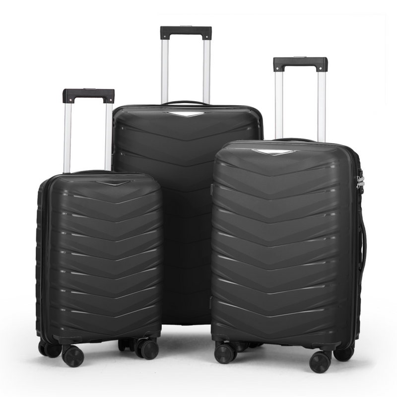 V-striped 3-in-1 PP trolley case 20in 24in 28in PP iron trolley classic colour - black (grained pattern)