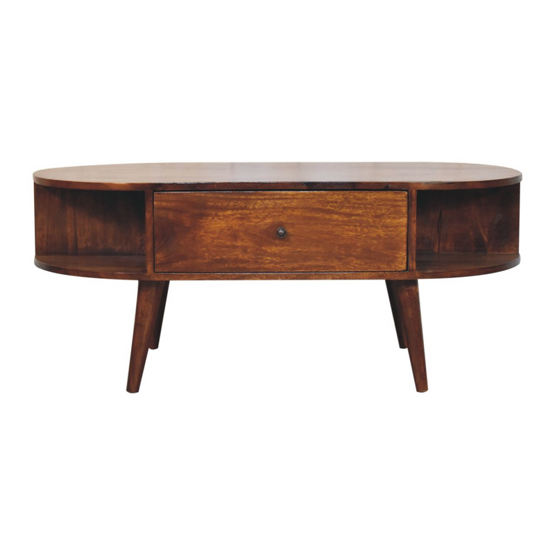 Artisan Furniture Solid Wood Chestnut Oval Coffee Table, 1 Drawer and 2 Open Slots, Dark Brown