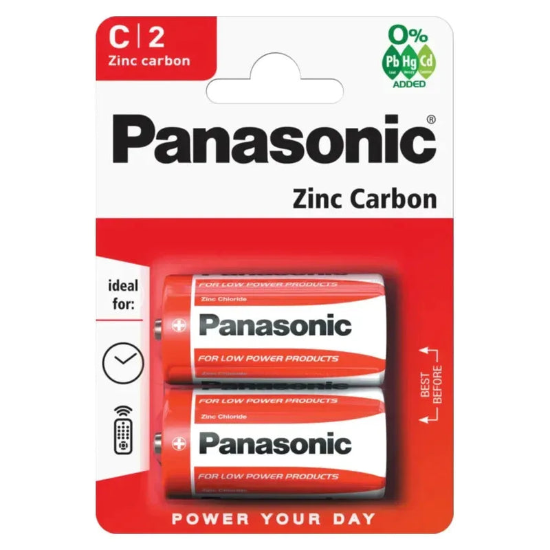 2 x Panasonic C Batteries Zinc Carbon R14 1.5V Battery