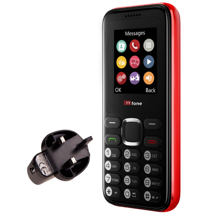 TTfone TT150 Unlocked Basic Mobile Phone UK Sim Free, Long Battery Life, Dual Sim with camera and games, easy to use, durable and light weight pay as you go - Red with Mains Charger and Vodafone Sim Card