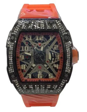 New Rubber Gents Black Bling Fashion Quartz Movement Skeleton Clear Dial Orange Rubber Strap Watch