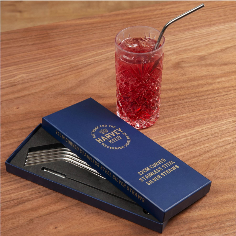 Set of 6 Curved Steel Drinking Straws & Brush 22cm
