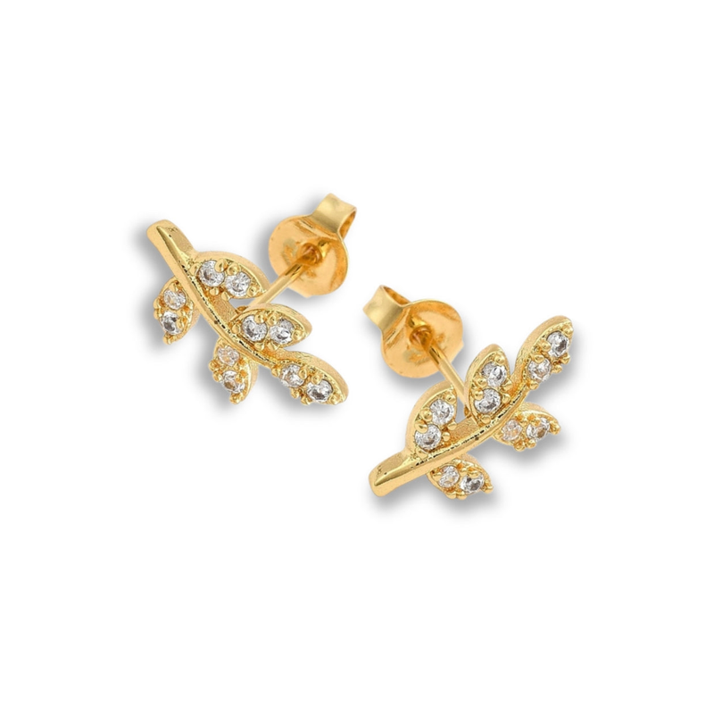 Cubic Zirconia Gold Leaf Stud Earrings