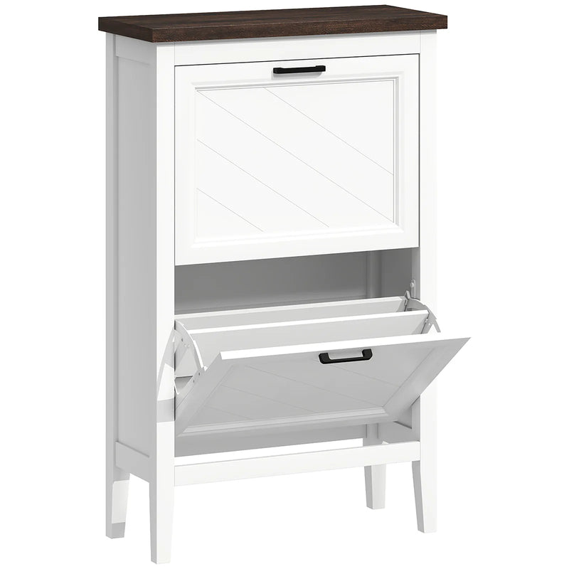 HOMCOM Shoe Cabinet with 2 Flip Drawers, Farmhouse Narrow Shoe Storage Cabinet with Adjustable Shelves, White