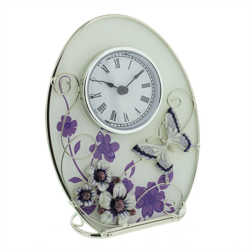 Wm.Widdop Glass Oval Purple Butterfly/Flowers/Crystals Mantel Clock