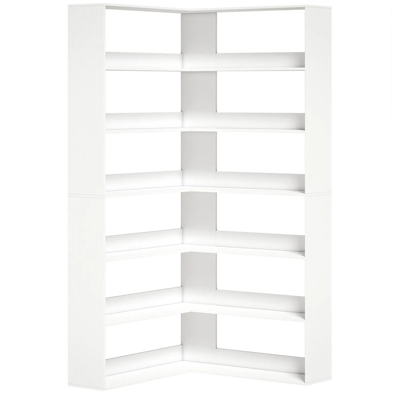 HOMCOM 7 Tiers Bookshelf, L-Shaped Corner Bookcase with Anti-Slip Rear Guard, White Wood Effect