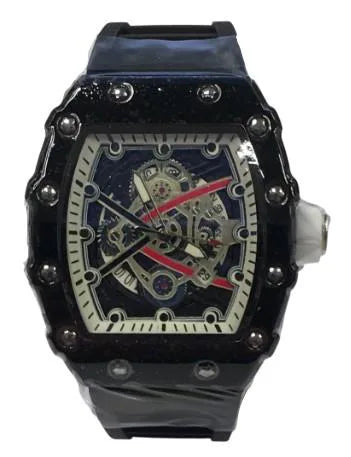 New Rubber Gents Black Screw Fashion Quartz Movement Dated Skeleton Clear Dial Black Rubber Strap Watch