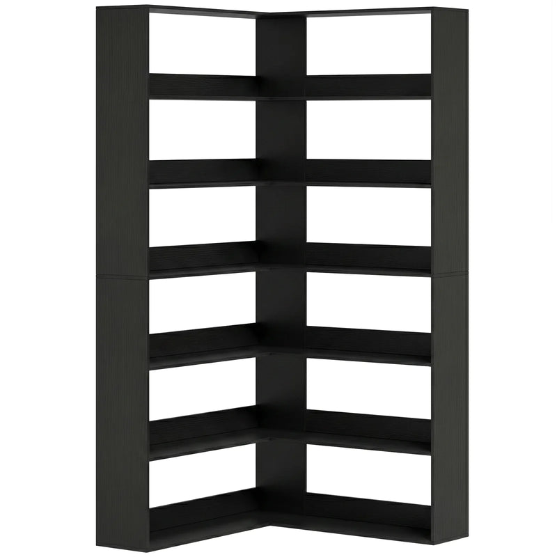 HOMCOM 7 Tiers Bookshelf, L-Shaped Corner Bookcase with Anti-Slip Rear Guard, Black Wood Effect