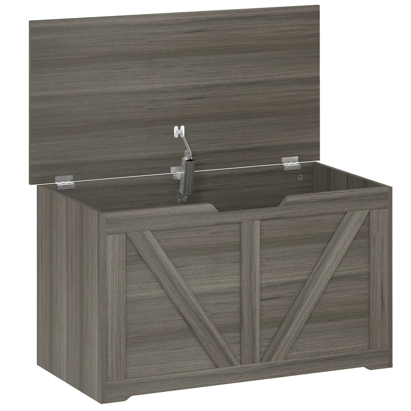 HOMCOM 100L Home Storage Box, with Safety Hinge - Dark Grey Wood-Effect