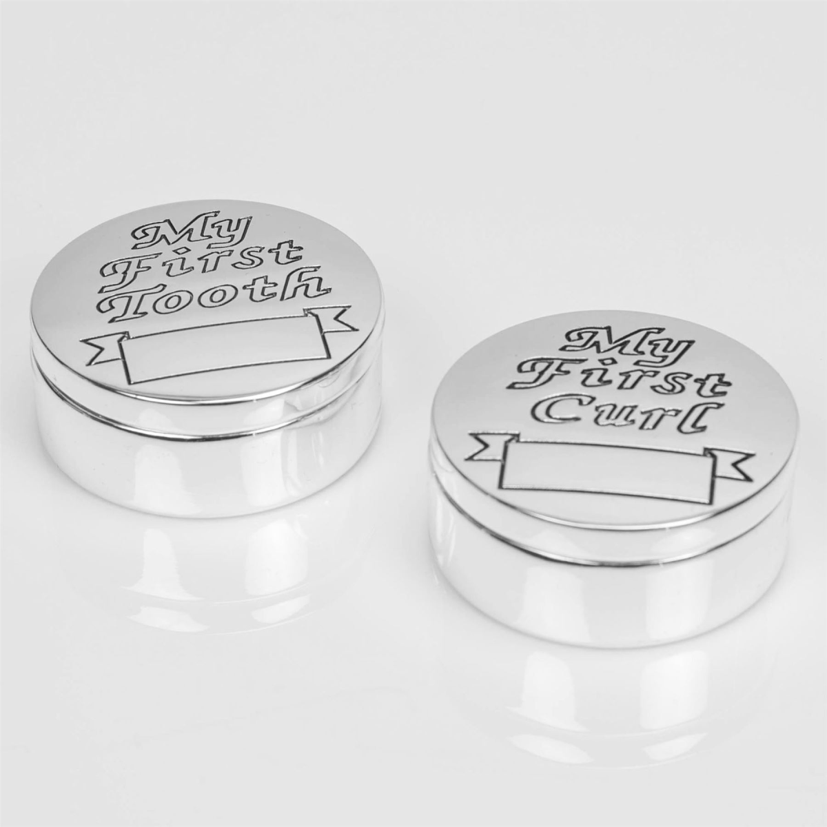 Silverplated First Tooth & First Curl Boxes boxed as pair — InStock