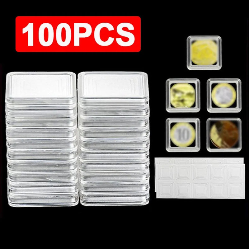 100X Single Square Plastic Coins Capsule Box Storage Case Display Collection.