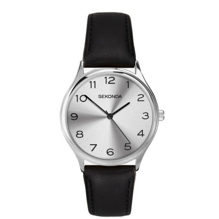 Sekonda Mens Basic Silver Dial and Black Leather Strap Watch1851