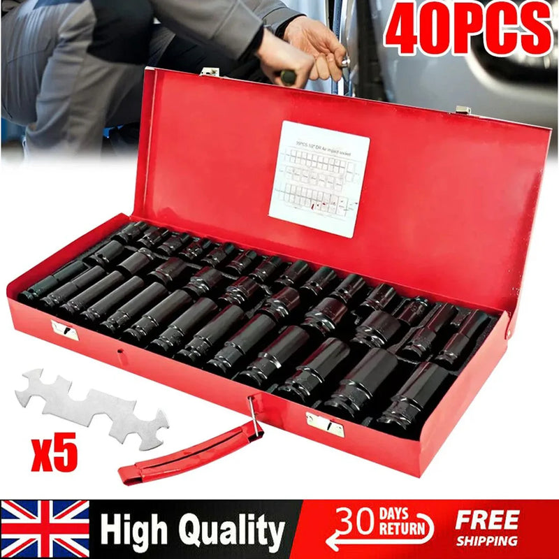 Heavy Duty 40 Piece Car Truck Deep Impact Socket Set 1/2" Drive 8- 32mm Metric