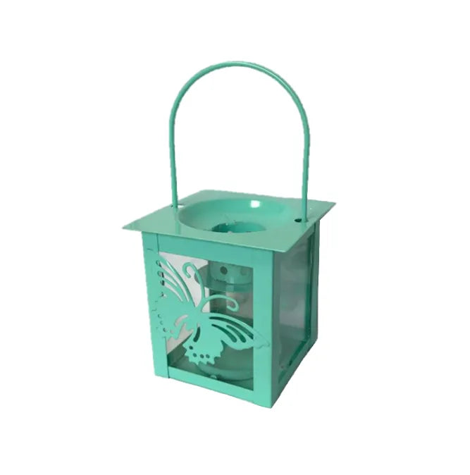 Small Metal Glass Square Garden Lantern Tealight Candle Holder Butterfly Design Assorted Colours (Parcel Plus Rate)