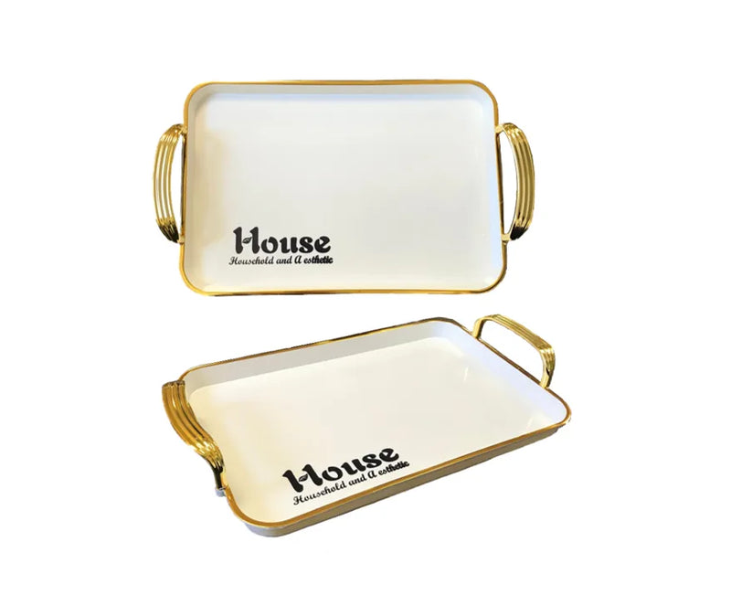 Rectangular Serving Tray With Gold Rim And Handles
