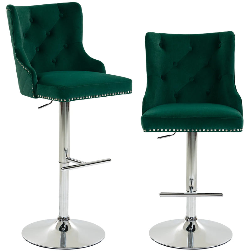 HOMCOM Bar Stools Set of 2, Modern Swivel & Adjustable Velvet Barstools with Button-Tufted Back, Footrest for Home Bar, Green