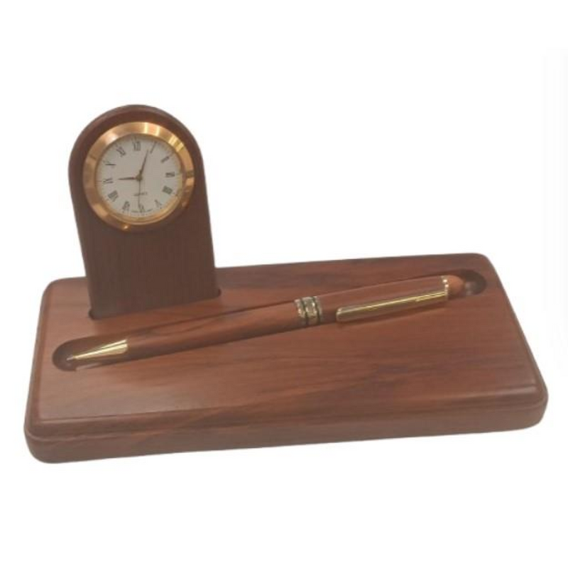 Imperial Miniature Desk Clock with Wood Matt Brown Gold Trim Ball Pen IMP302 Clock Gift Set - CLEARANCE NEEDS RE-BATTERY & Refill