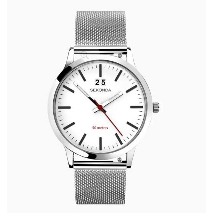Sekonda Mens Fashion Dated 40mm 5ATM White Dial Silver Mesh Bracelet Watch 1940