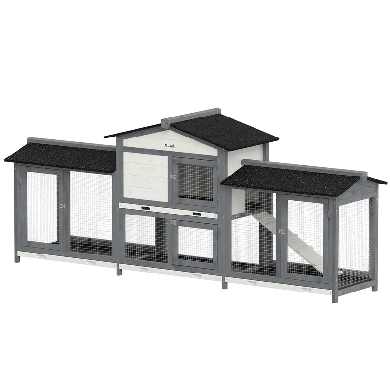 PawHut 2-Tier Large Rabbit Hutch Outdoor with Double Side Run Boxes, No-leak Plastic Tray, Ramp, 230 x 53 x 93.5cm, Light Grey