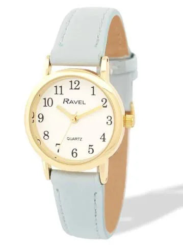 Ravel Ladies Basic Small Gilt Case White Dial Light Blue Leather Strap Watch