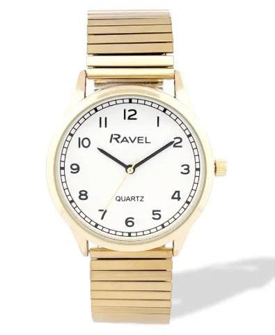 Ravel Mens Basic Easy Read Minute Track on White Dial Golden Stainless Steel Expander Bracelet Watch