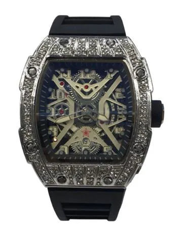 New Rubber Gents Silver Bling Fashion Quartz Movement Skeleton Clear Dial Black Rubber Strap Watch