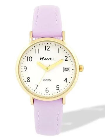 Ravel Ladies Basic Golden case Dated White Dial With Purple Faux Leather Strap Watch