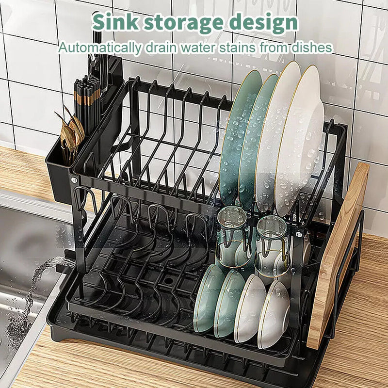 NEW 2TIER KITCHEN SINK DISH DRAINER RACK WITH DRIP TRAY CUTLERY HOLDER PLATE RACK UK