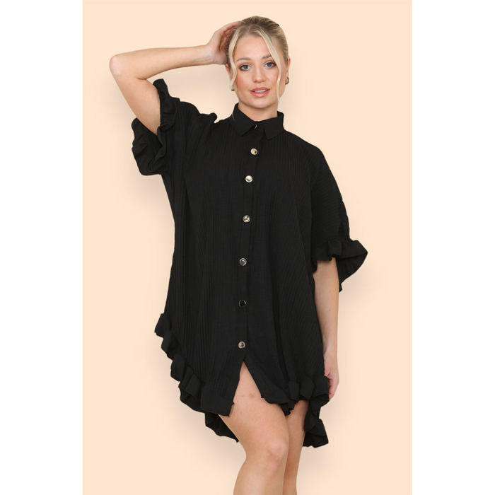 Over Sized Italian Gold Button Pleated Frill Ruffle TikTok Dress Top