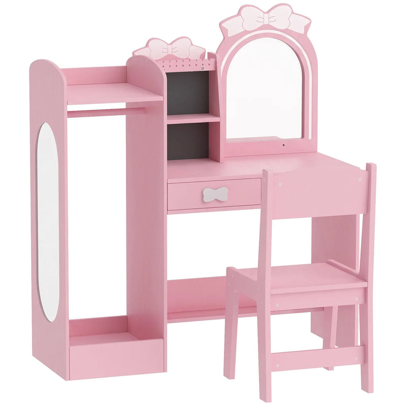 AIYAPLAY Kids Dressing Table, 3-in-1 Kids Vanity Set with Stool, 2-Colour Lights Mirror, Clothes Rack for Ages 3-8, Pink